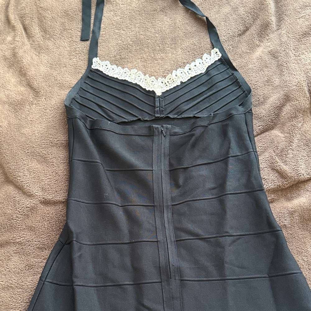 Herve Leger Black Midi Bandage Halter Dress with Cream Lace Trim - Picture 3 of 6